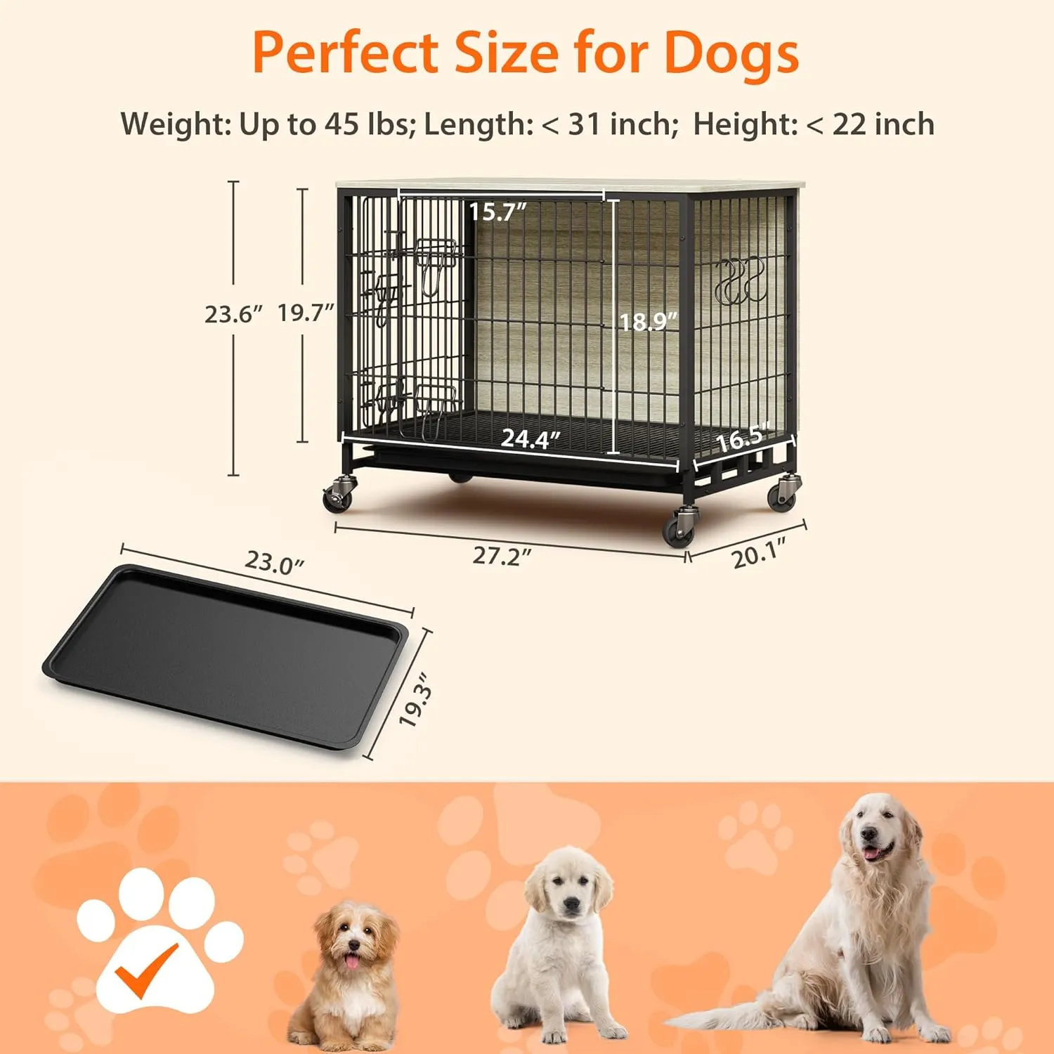 2024 Dog Crate Furniture, 38.6" Double-Doors Dogs Kennel Indoor with Removable Tray and Wheels, Wooden Dog Crates for Large Dogs, Large Dog Crate, Decorative Dog Cage End Table, Rustic Gray