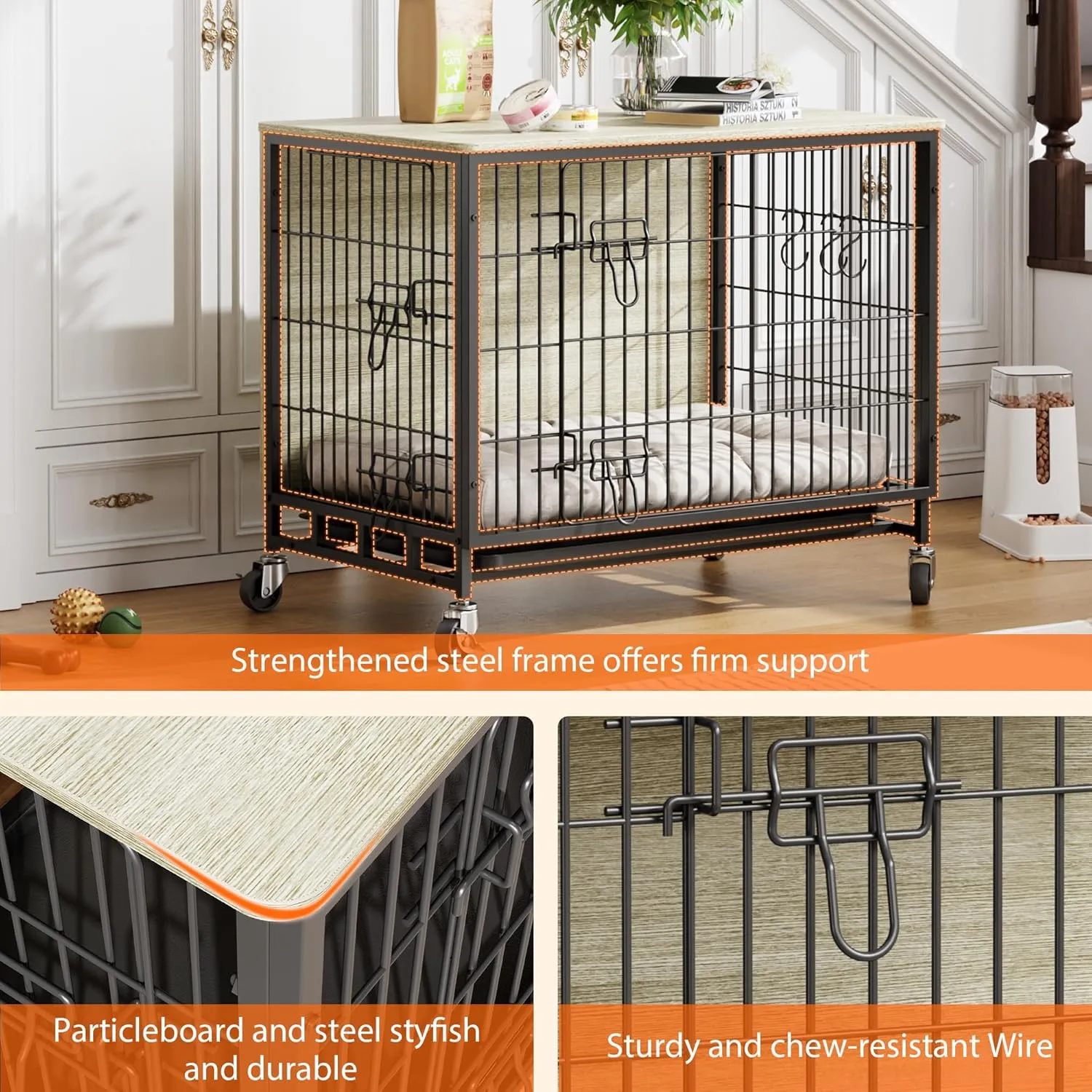 2024 Dog Crate Furniture, 38.6" Double-Doors Dogs Kennel Indoor with Removable Tray and Wheels, Wooden Dog Crates for Large Dogs, Large Dog Crate, Decorative Dog Cage End Table, Rustic Gray