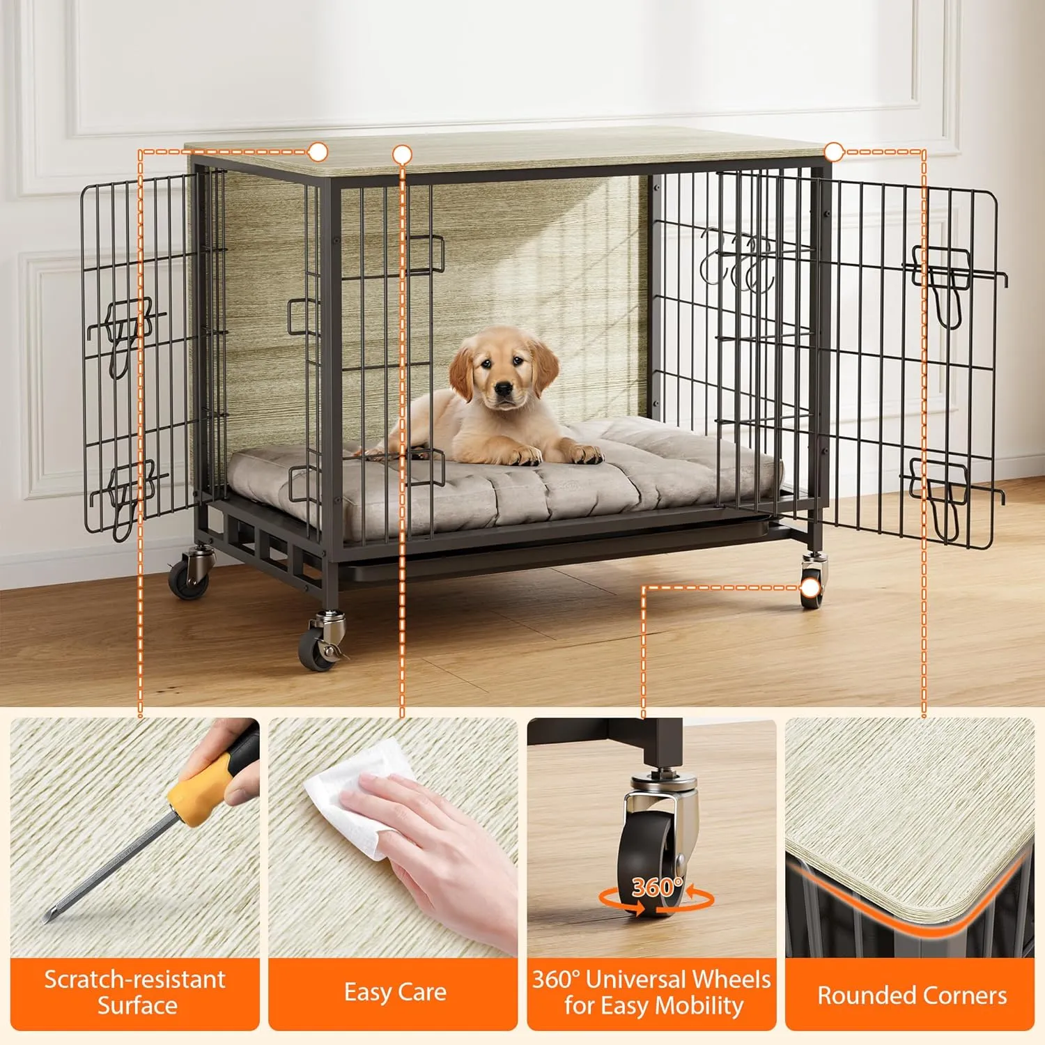 2024 Dog Crate Furniture, 38.6" Double-Doors Dogs Kennel Indoor with Removable Tray and Wheels, Wooden Dog Crates for Large Dogs, Large Dog Crate, Decorative Dog Cage End Table, Rustic Gray