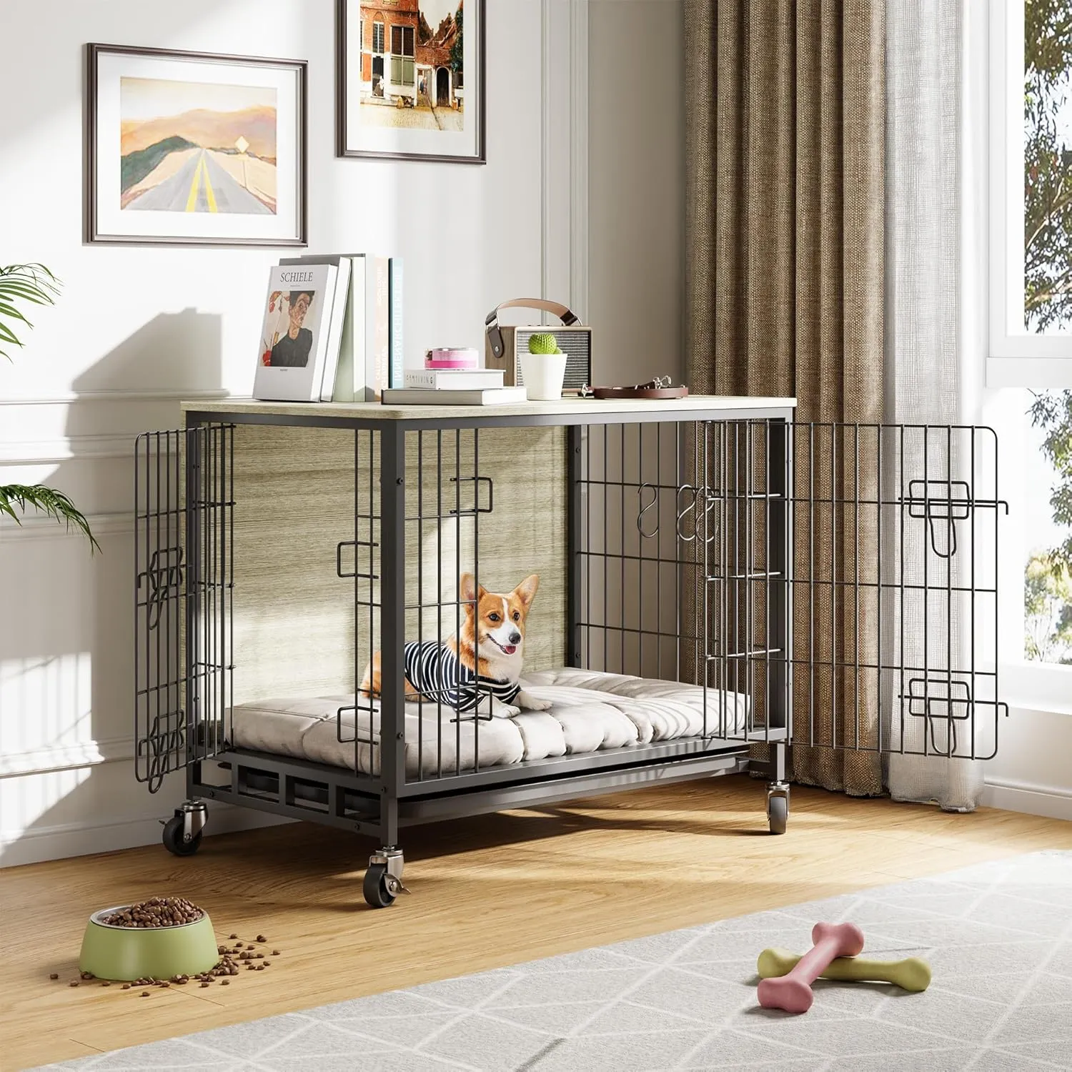 2024 Dog Crate Furniture, 38.6" Double-Doors Dogs Kennel Indoor with Removable Tray and Wheels, Wooden Dog Crates for Large Dogs, Large Dog Crate, Decorative Dog Cage End Table, Rustic Gray