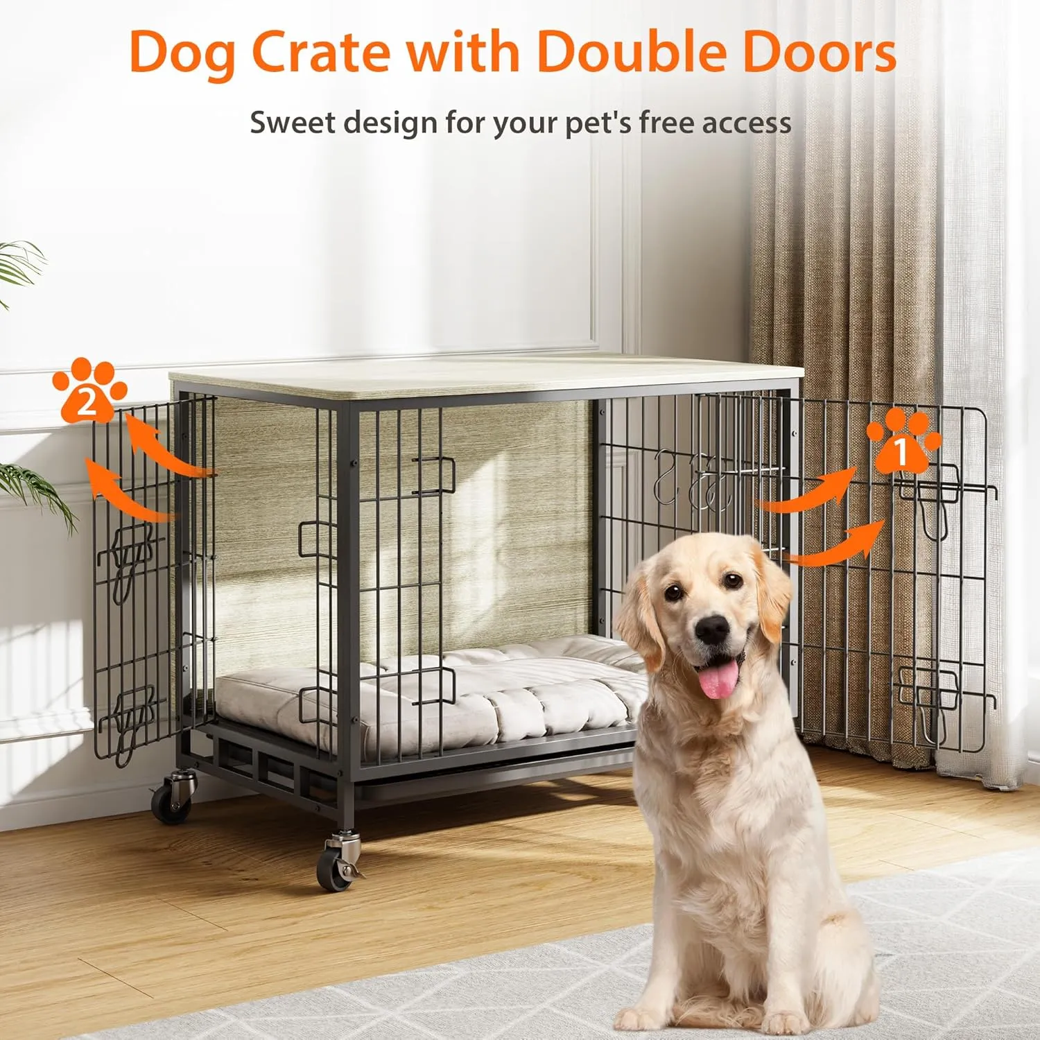 2024 Dog Crate Furniture, 38.6" Double-Doors Dogs Kennel Indoor with Removable Tray and Wheels, Wooden Dog Crates for Large Dogs, Large Dog Crate, Decorative Dog Cage End Table, Rustic Gray