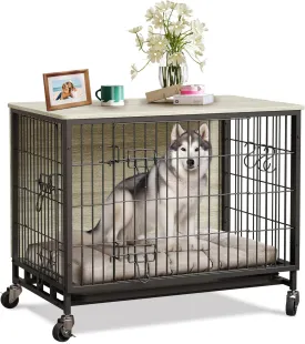 2024 Dog Crate Furniture, 38.6" Double-Doors Dogs Kennel Indoor with Removable Tray and Wheels, Wooden Dog Crates for Large Dogs, Large Dog Crate, Decorative Dog Cage End Table, Rustic Gray