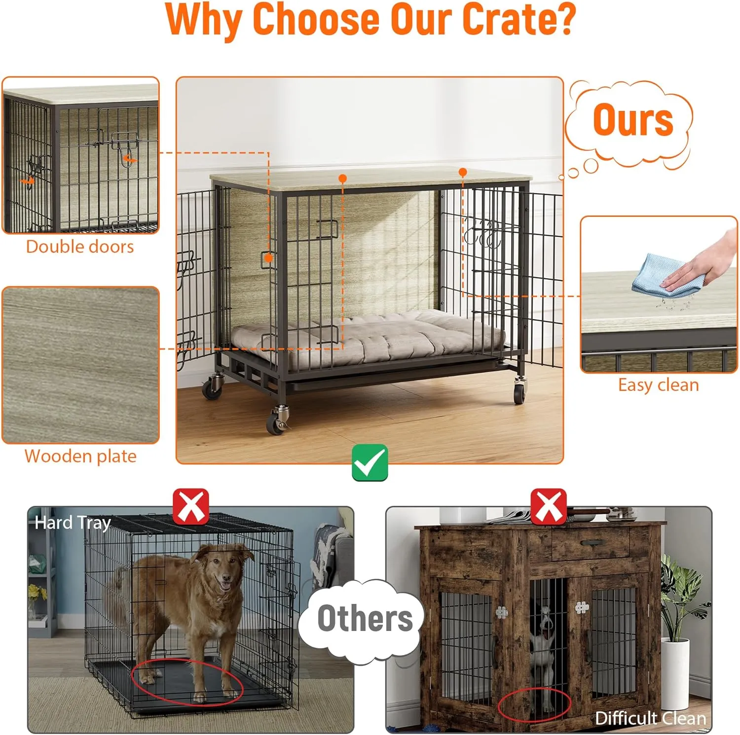 2024 Dog Crate Furniture, 38.6" Double-Doors Dogs Kennel Indoor with Removable Tray and Wheels, Wooden Dog Crates for Large Dogs, Large Dog Crate, Decorative Dog Cage End Table, Rustic Gray