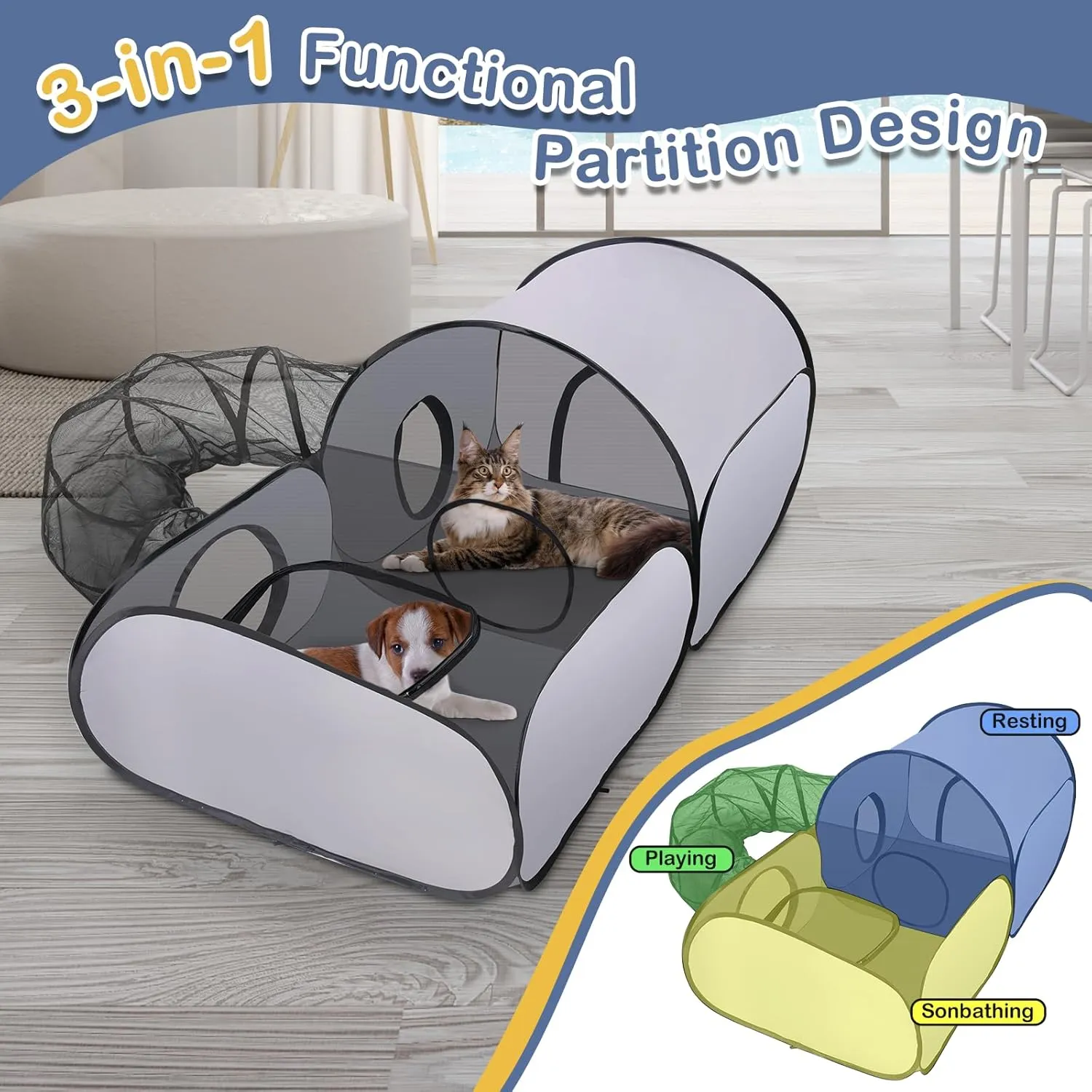 3-in-1 Cat Playpen with Surround Tunnel, Portable Cat and Dog Play Pens for Indoor Cats Enclosed, Outdoor Cat Tent with Carry Bag, Cat Enclosure Tent House for Puppy Kitten Small Animals