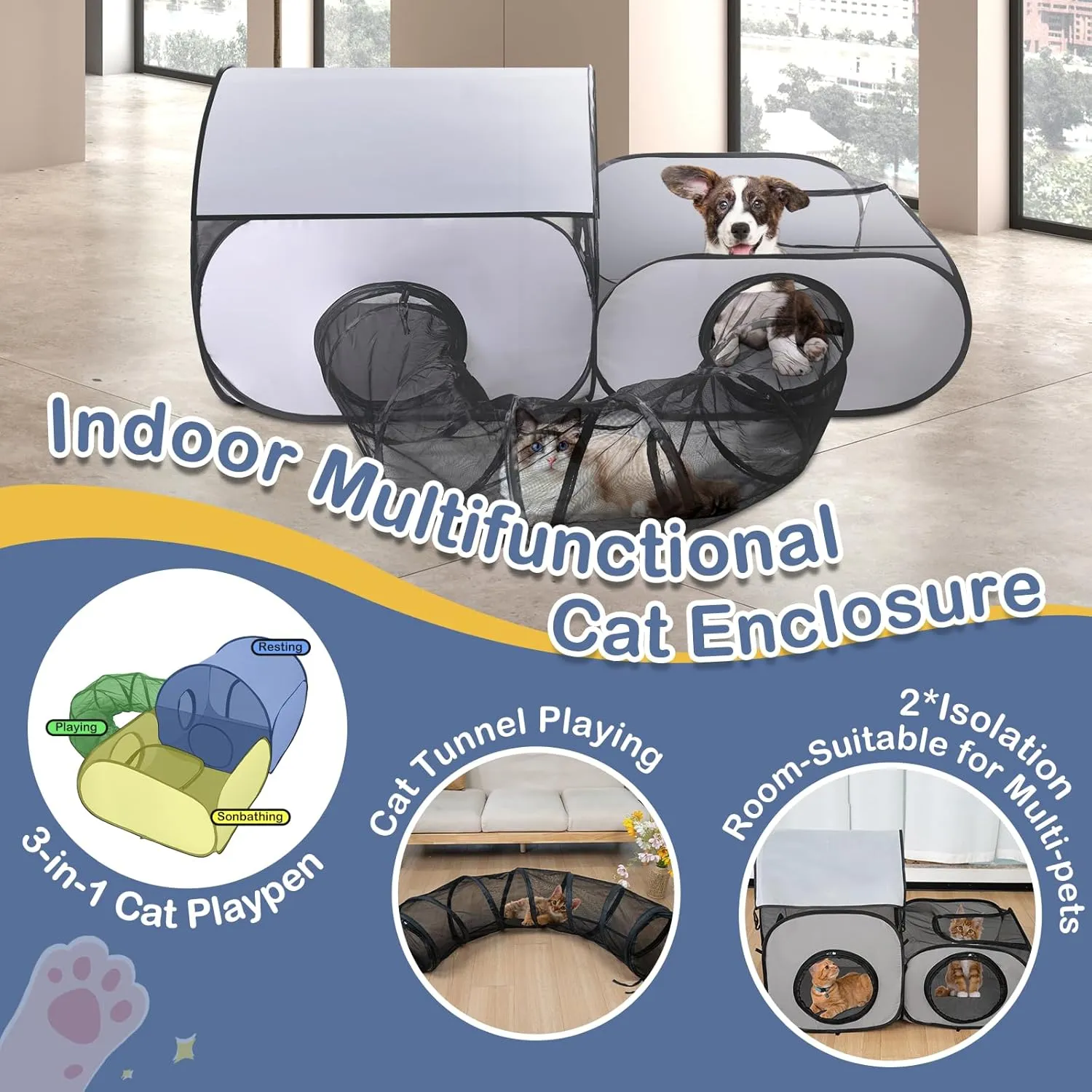 3-in-1 Cat Playpen with Surround Tunnel, Portable Cat and Dog Play Pens for Indoor Cats Enclosed, Outdoor Cat Tent with Carry Bag, Cat Enclosure Tent House for Puppy Kitten Small Animals