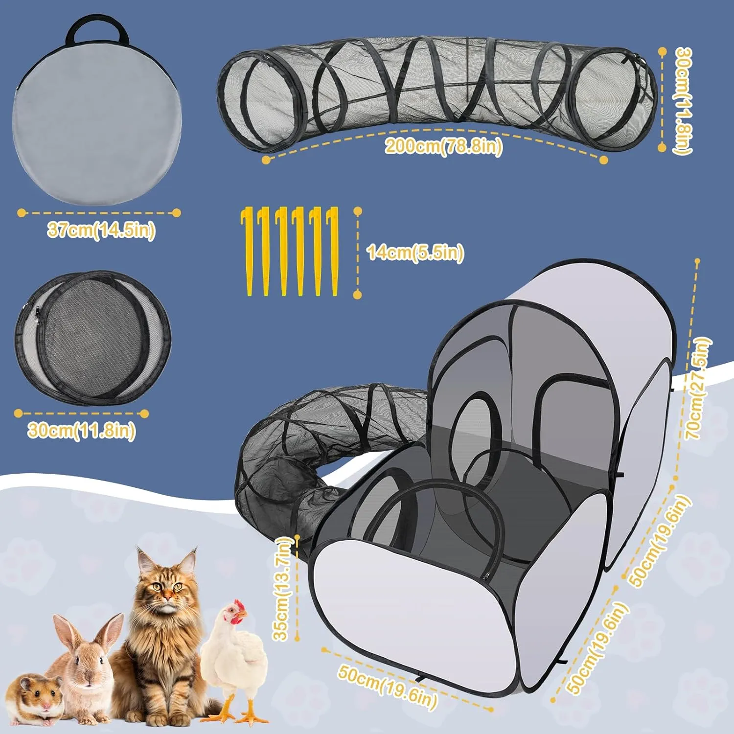 3-in-1 Cat Playpen with Surround Tunnel, Portable Cat and Dog Play Pens for Indoor Cats Enclosed, Outdoor Cat Tent with Carry Bag, Cat Enclosure Tent House for Puppy Kitten Small Animals
