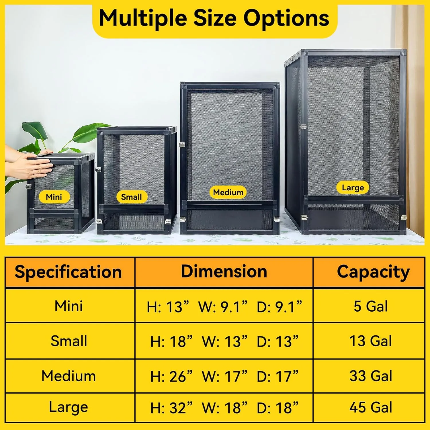 45 Gallon 360 Panoramic Foldable Reptile Terrarium Kit: Crested Gecko Tank and Reptile Cage for Superior Ventilation, Easy Feeding, Sturdiness, and Simple Assembly (Black, 32"x18"x18")