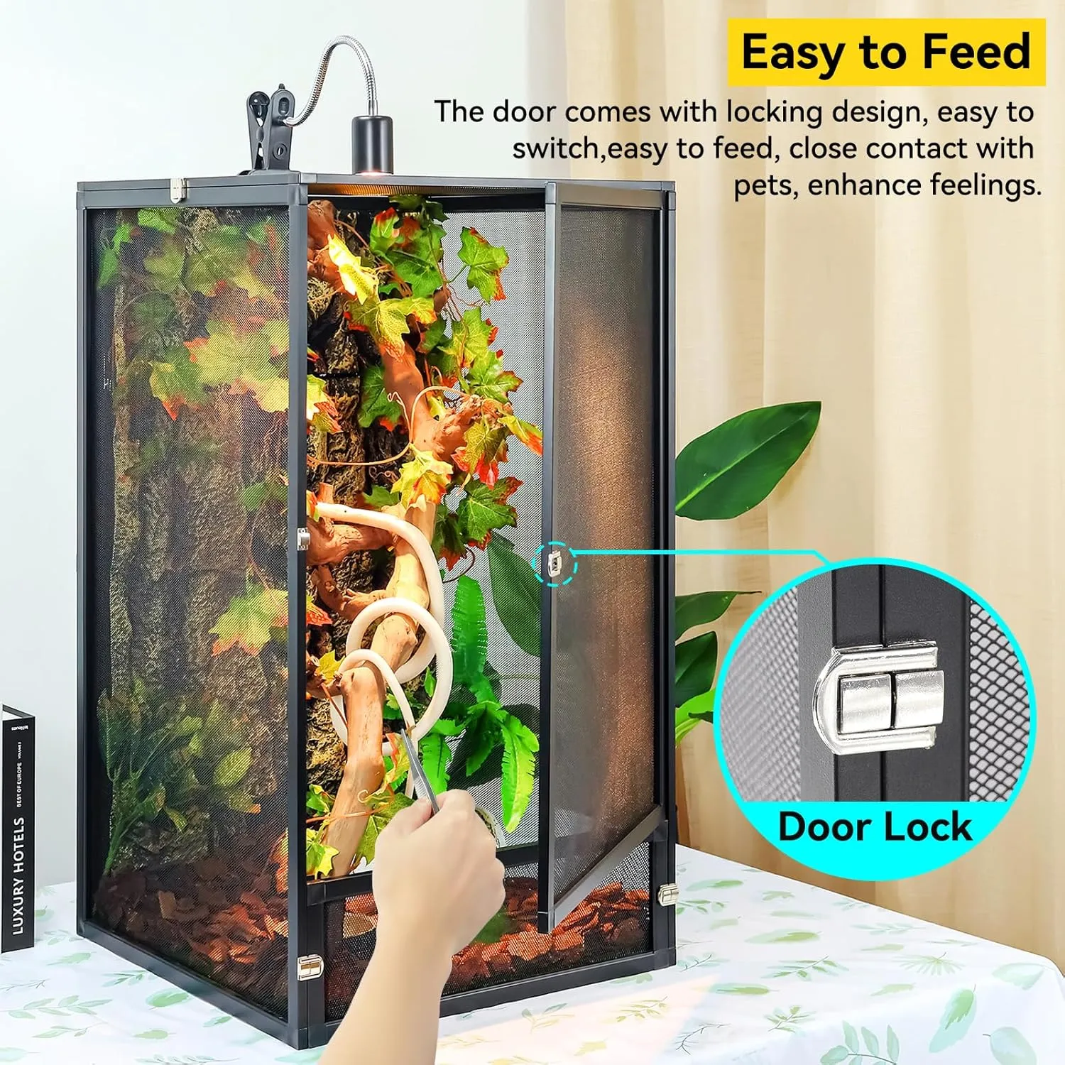 45 Gallon 360 Panoramic Foldable Reptile Terrarium Kit: Crested Gecko Tank and Reptile Cage for Superior Ventilation, Easy Feeding, Sturdiness, and Simple Assembly (Black, 32"x18"x18")
