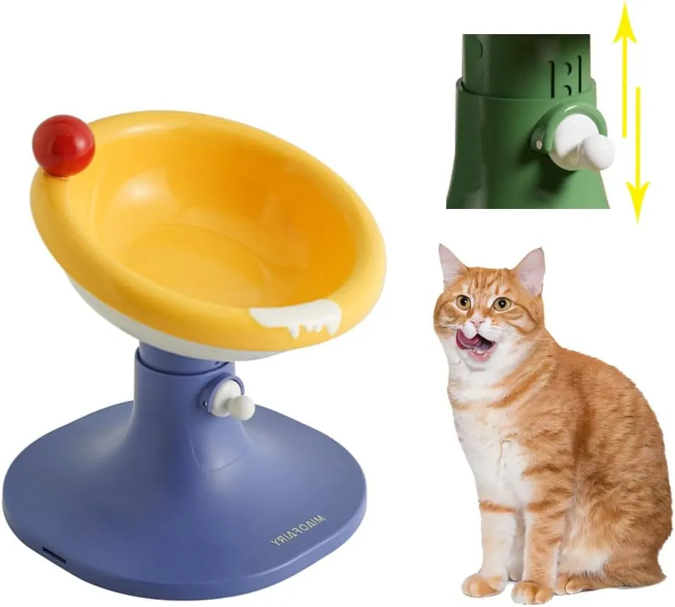 Adjustable Elevated Cat Bowls, Ceramic Raised 30 Tilted Cat Food Bowl, Adjustable Height for Whisker Friendly  Neck Protection,Leak Proof for All Age Cats Kitten Small Dog (Yellow Blue)