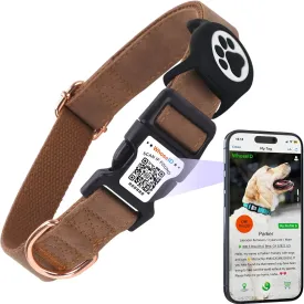 Airtag Dog Collar with QR Code Buckle, Leather Dog Collars with Waterproof Air Tag Holder Adjustable Soft Padded Fit for Girl/Boy/Small/Medium/Large Pet (Brown, Large Dogs)