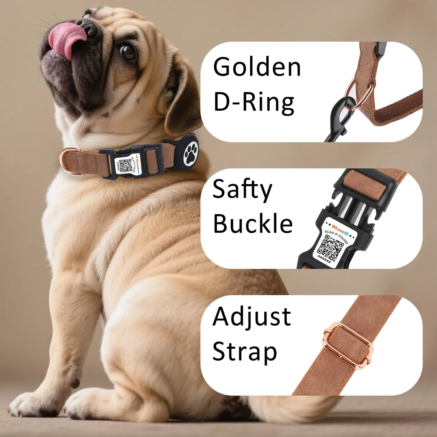 Airtag Dog Collar with QR Code Buckle, Leather Dog Collars with Waterproof Air Tag Holder Adjustable Soft Padded Fit for Girl/Boy/Small/Medium/Large Pet (Brown, Large Dogs)