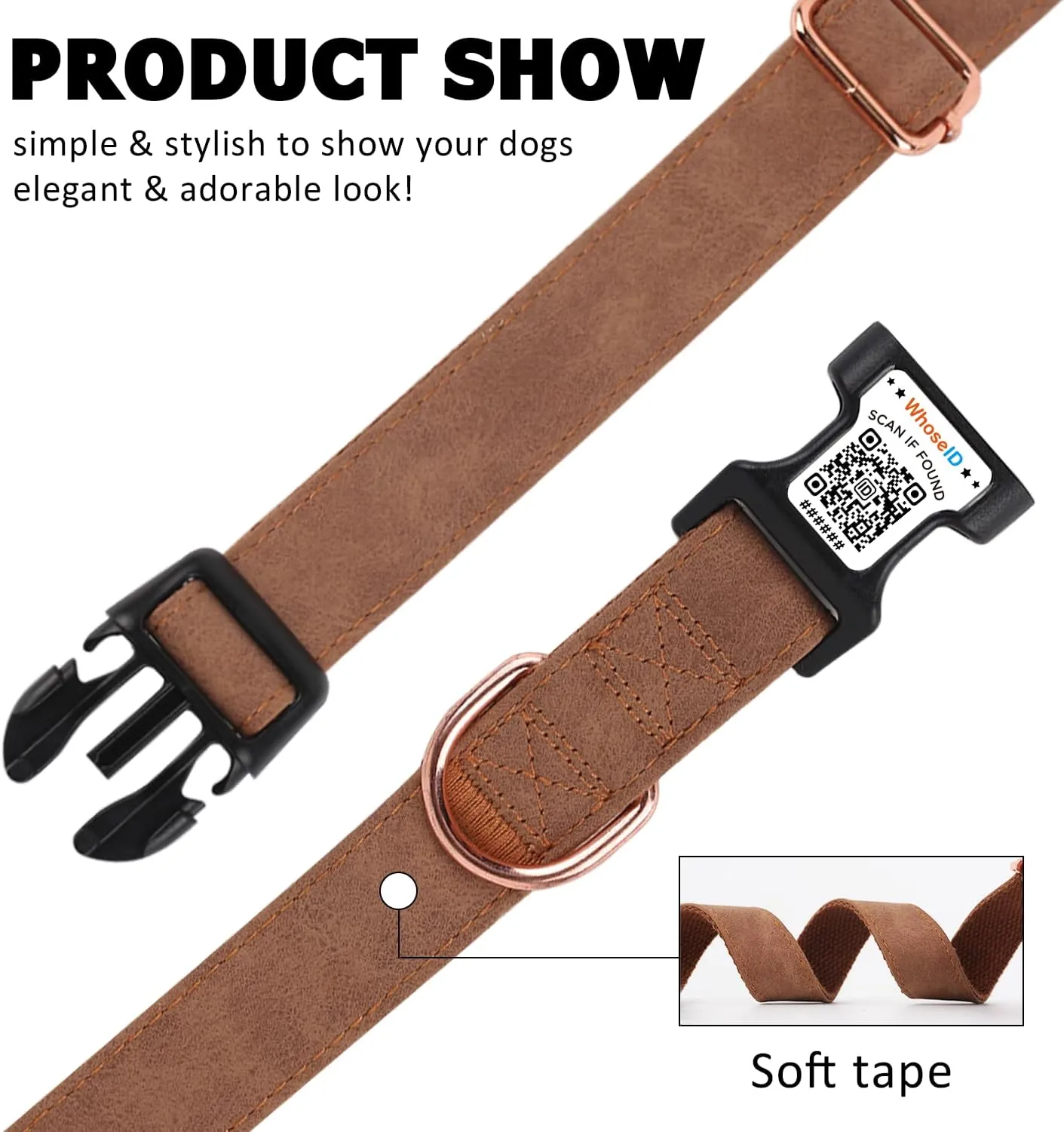Airtag Dog Collar with QR Code Buckle, Leather Dog Collars with Waterproof Air Tag Holder Adjustable Soft Padded Fit for Girl/Boy/Small/Medium/Large Pet (Brown, Large Dogs)