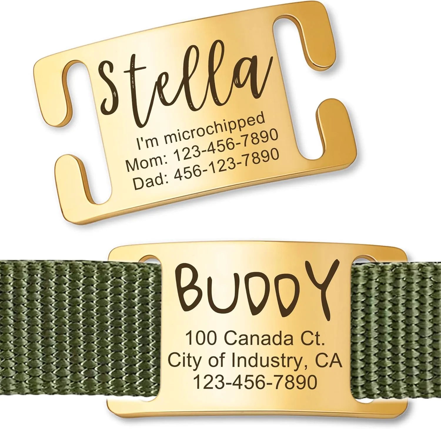 Anavia Slide On Silent Pet ID Tags, S/M/L/XL Personalized Gold Black Stainless Steel Customized Engraved Cat Dog Name Tags, Glossy Finish Chew-Proof Quiet Dog Collar Tag (Medium, Gold)