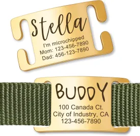 Anavia Slide On Silent Pet ID Tags, S/M/L/XL Personalized Gold Black Stainless Steel Customized Engraved Cat Dog Name Tags, Glossy Finish Chew-Proof Quiet Dog Collar Tag (Medium, Gold)