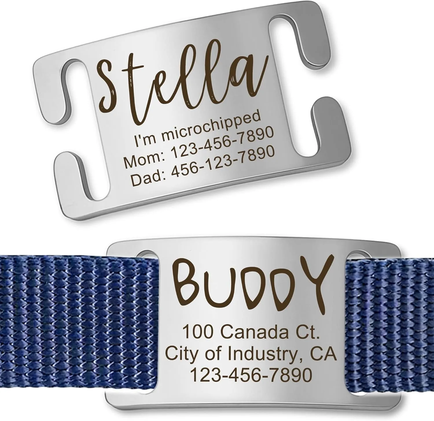 Anavia Slide On Silent Pet ID Tags, S/M/L/XL Personalized Gold Black Stainless Steel Customized Engraved Cat Dog Name Tags, Glossy Finish Chew-Proof Quiet Dog Collar Tag (Small, Silver)