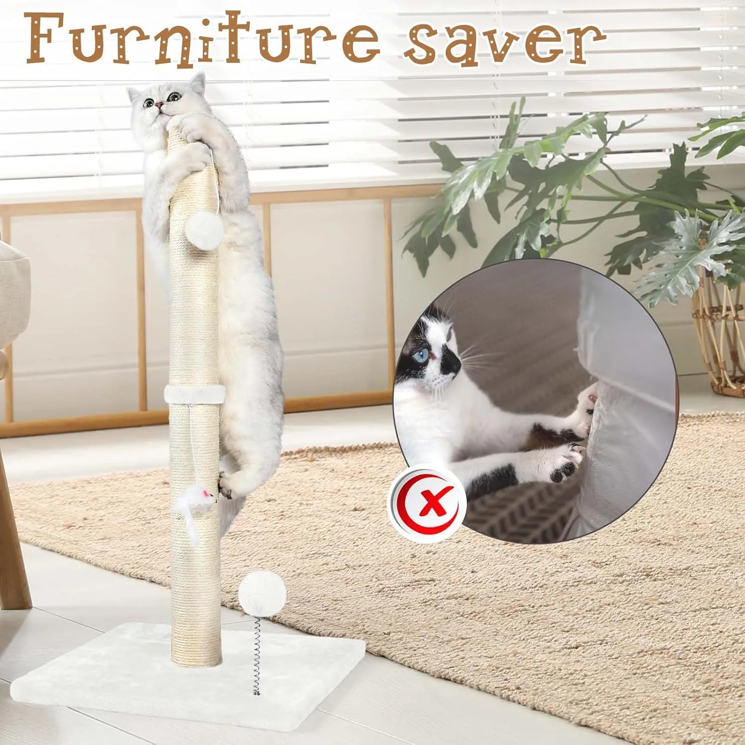 ANWA 32" Tall Cat Scratching Posts for Indoor Cats, 3-in-1 Cat Scratching Post with Plush Toys, Premium Sisal Post for Cats at All Ages with Reinforced Stable Base, Cream White