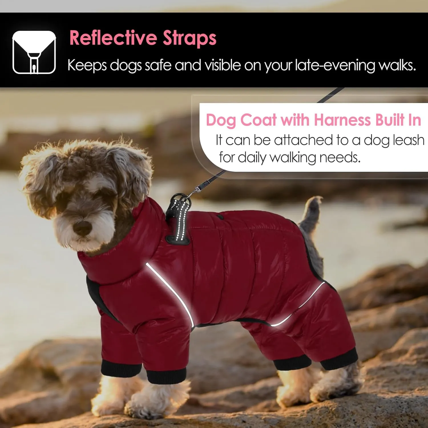 AOFITEE Dog Coat: Warm Waterproof Dogsnowsuit with Zip-up Fleece Vest, Reflective Striped Dog Jacket for Cold Weather, Windproof Apparel for Small Dogs 2XL
