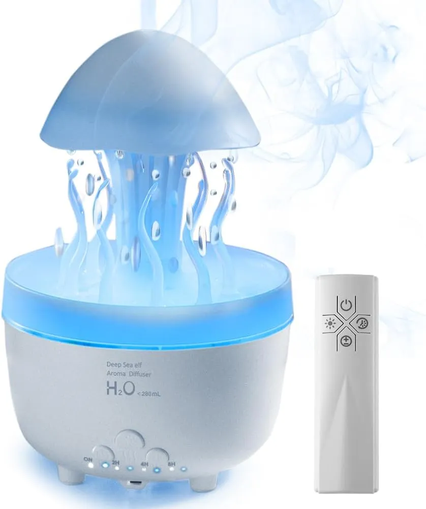 Aromatherapy Humidifier, Jellyfish Rain Cloud Diffuser Rain Humidifier Water Drip, Dynamic Deep Sea Elf Cool Mist Raindrop Aroma with Sound, 7 Color LED Lights