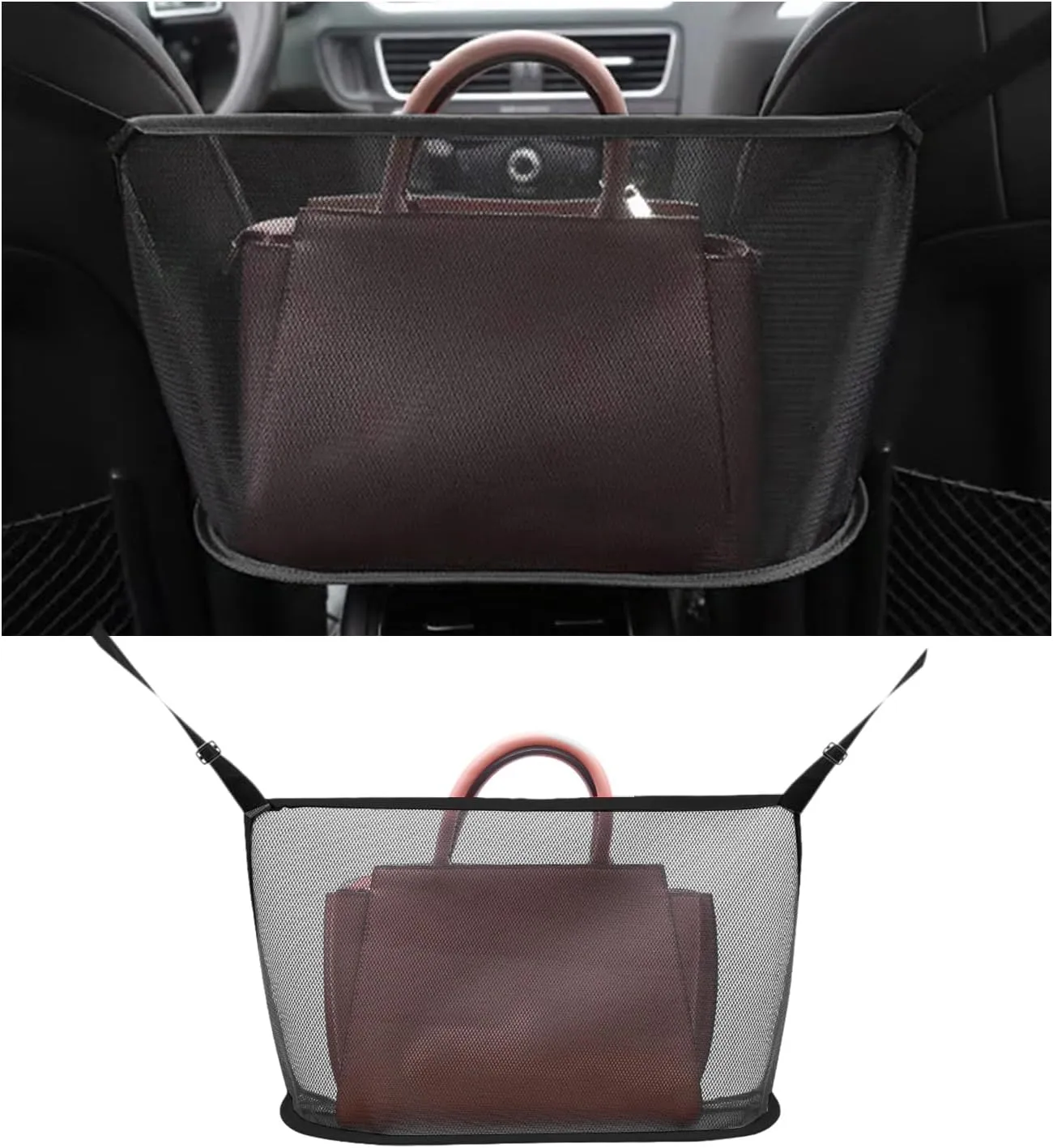 Augeny Car Net Pocket Handbag Holder, Large Capacity Auto Seat Back Mesh Pocket Organizer, Vehicle Driver Storage Netting Pouch for Purse, Document, Barrier of Backseat Pet Kid (Black, Normal)