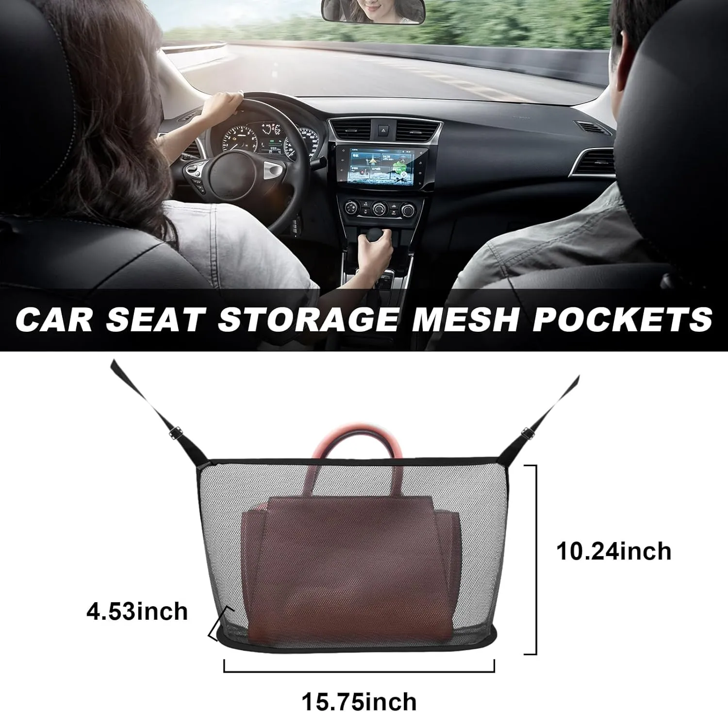 Augeny Car Net Pocket Handbag Holder, Large Capacity Auto Seat Back Mesh Pocket Organizer, Vehicle Driver Storage Netting Pouch for Purse, Document, Barrier of Backseat Pet Kid (Black, Normal)