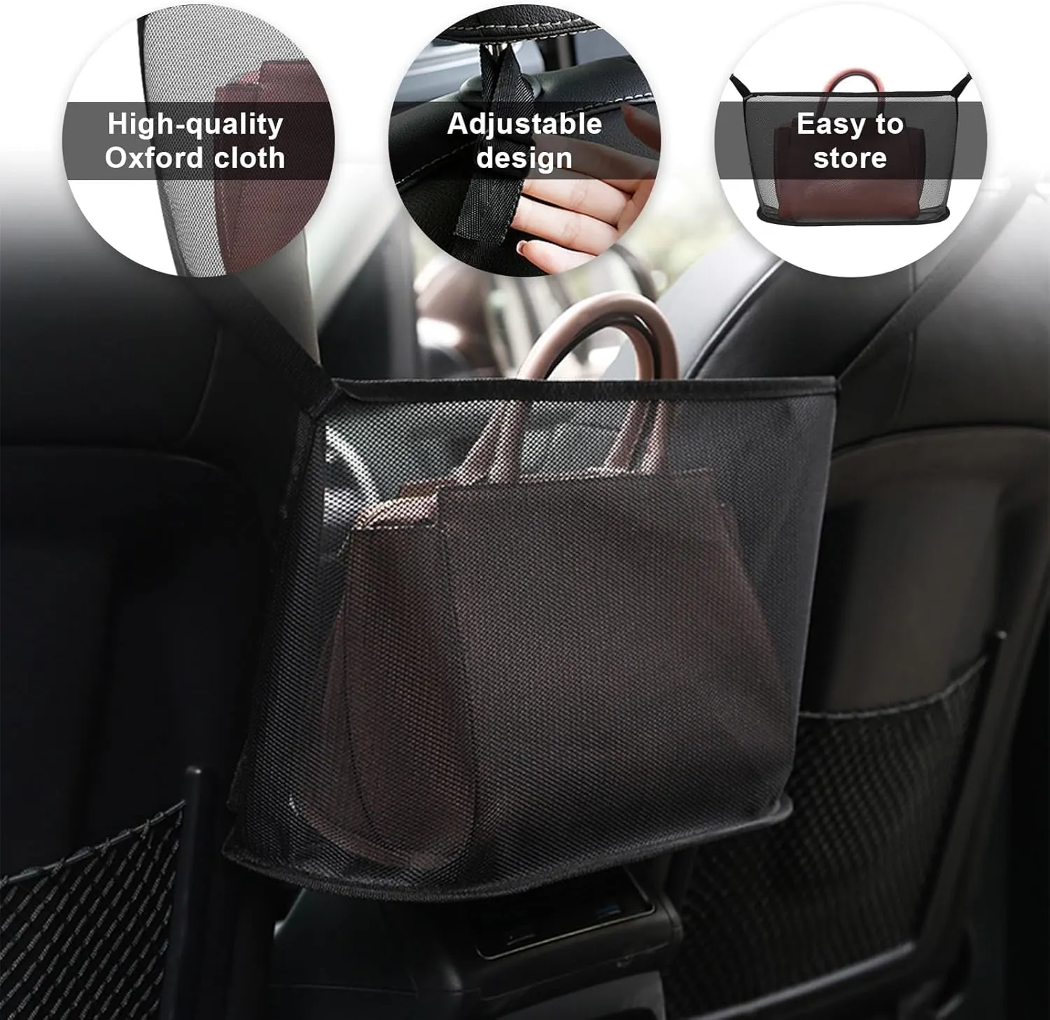 Augeny Car Net Pocket Handbag Holder, Large Capacity Auto Seat Back Mesh Pocket Organizer, Vehicle Driver Storage Netting Pouch for Purse, Document, Barrier of Backseat Pet Kid (Black, Normal)