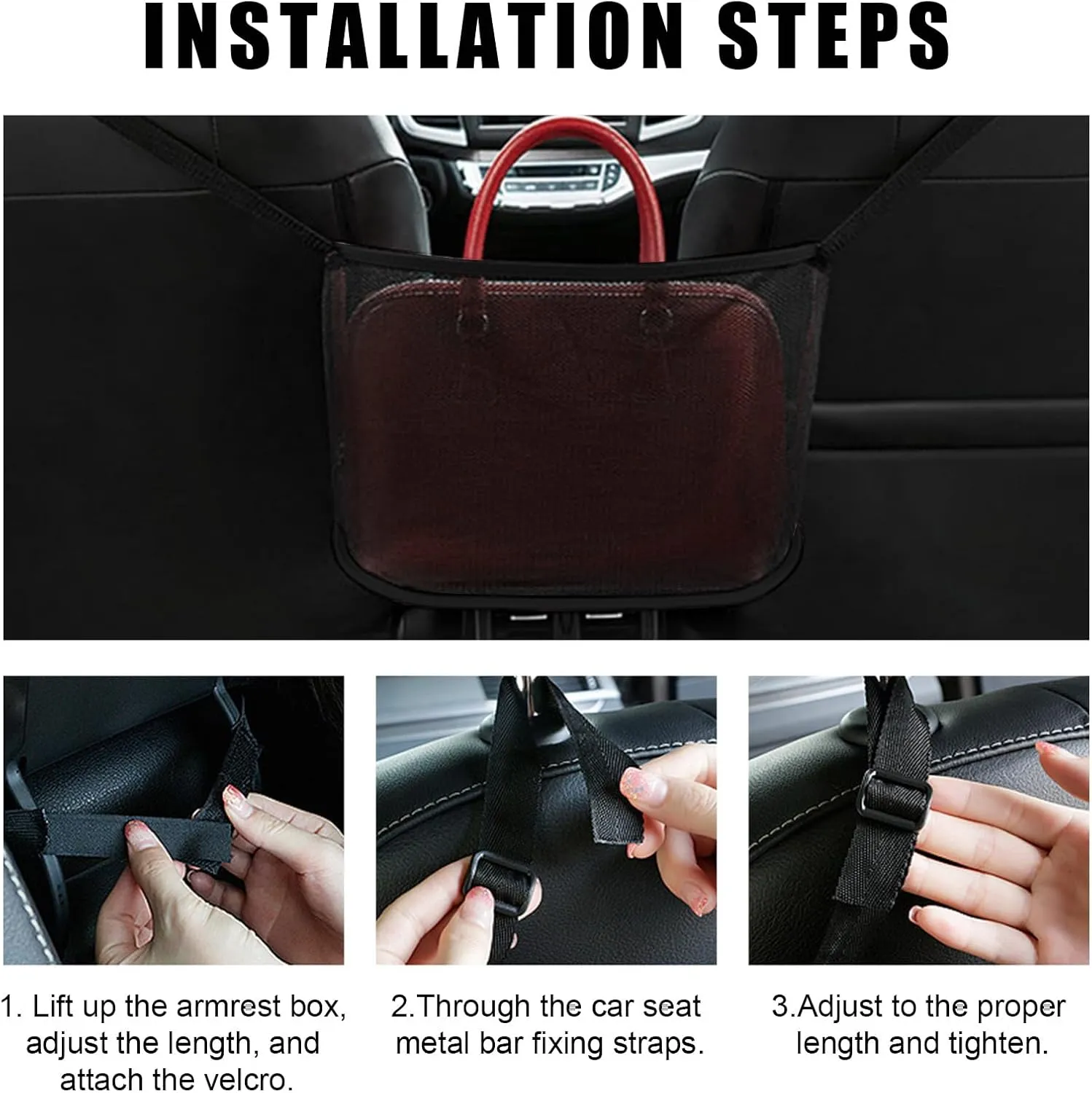 Augeny Car Net Pocket Handbag Holder, Large Capacity Auto Seat Back Mesh Pocket Organizer, Vehicle Driver Storage Netting Pouch for Purse, Document, Barrier of Backseat Pet Kid (Black, Normal)