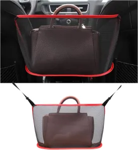 Augeny Car Net Pocket Handbag Holder, Large Capacity Auto Seat Back Mesh Pocket Organizer, Vehicle Driver Storage Netting Pouch for Purse, Document, Barrier of Backseat Pet Kid (Black Red, Normal)