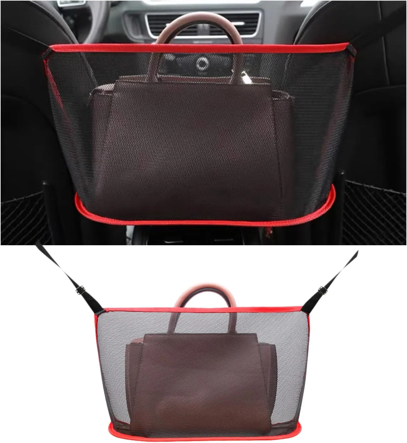 Augeny Car Net Pocket Handbag Holder, Large Capacity Auto Seat Back Mesh Pocket Organizer, Vehicle Driver Storage Netting Pouch for Purse, Document, Barrier of Backseat Pet Kid (Black Red, Normal)