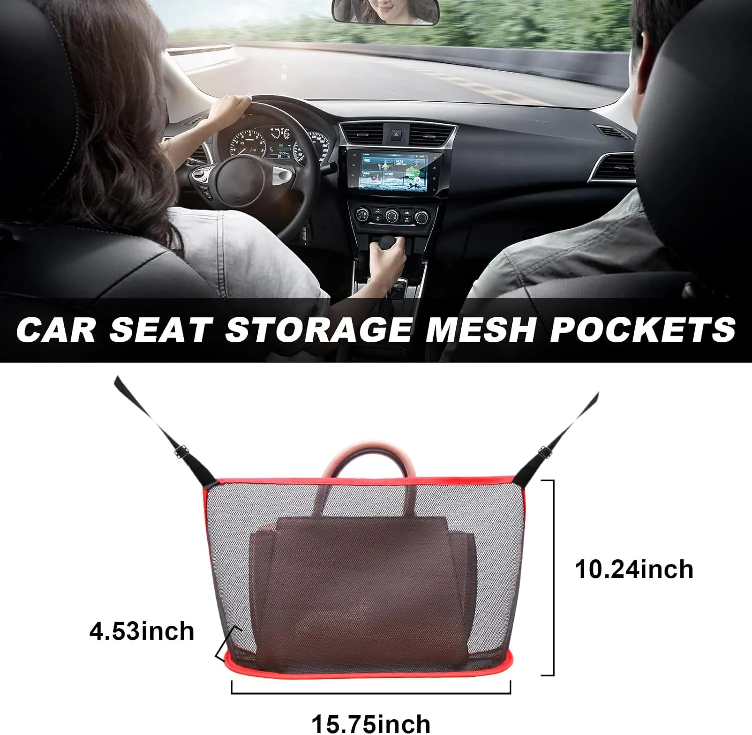 Augeny Car Net Pocket Handbag Holder, Large Capacity Auto Seat Back Mesh Pocket Organizer, Vehicle Driver Storage Netting Pouch for Purse, Document, Barrier of Backseat Pet Kid (Black Red, Normal)