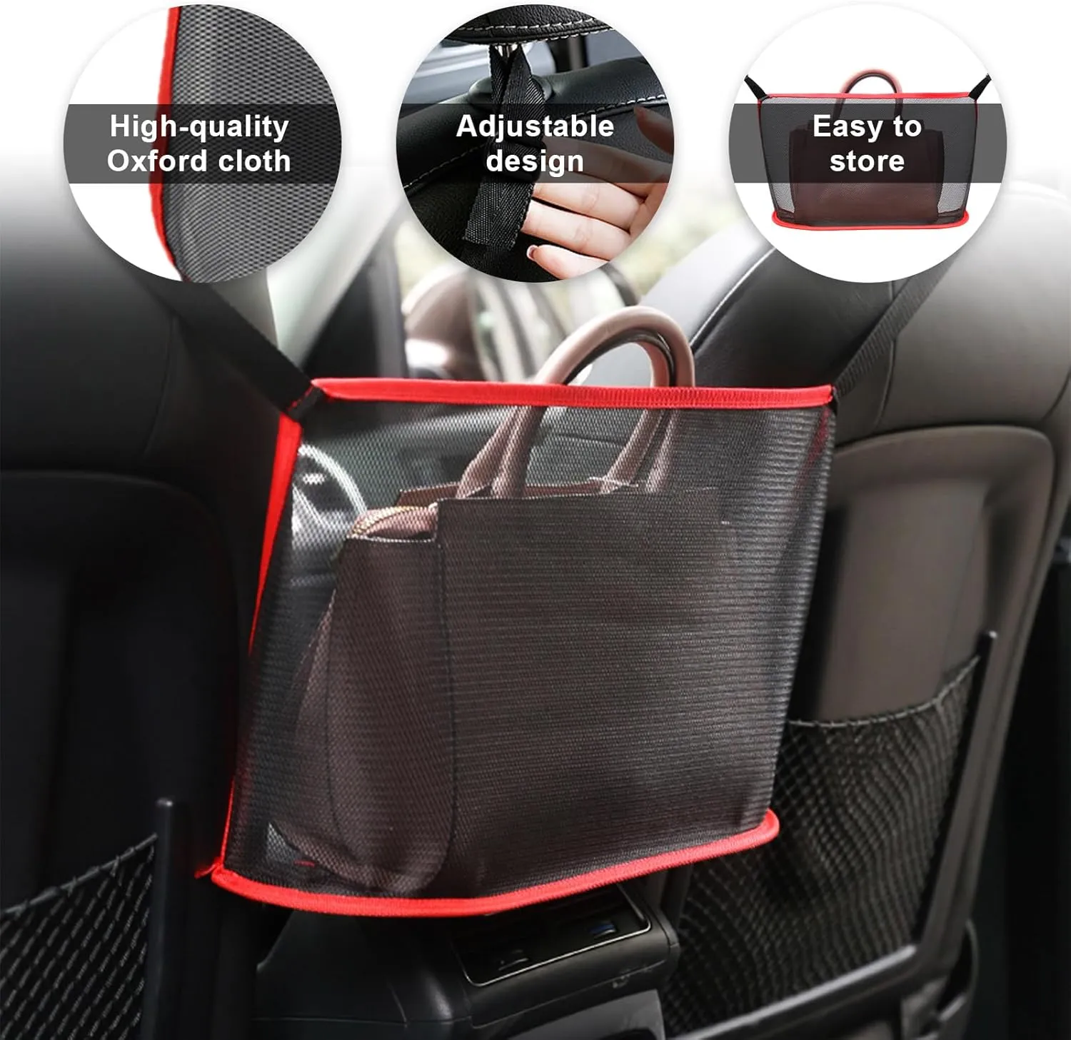 Augeny Car Net Pocket Handbag Holder, Large Capacity Auto Seat Back Mesh Pocket Organizer, Vehicle Driver Storage Netting Pouch for Purse, Document, Barrier of Backseat Pet Kid (Black Red, Normal)