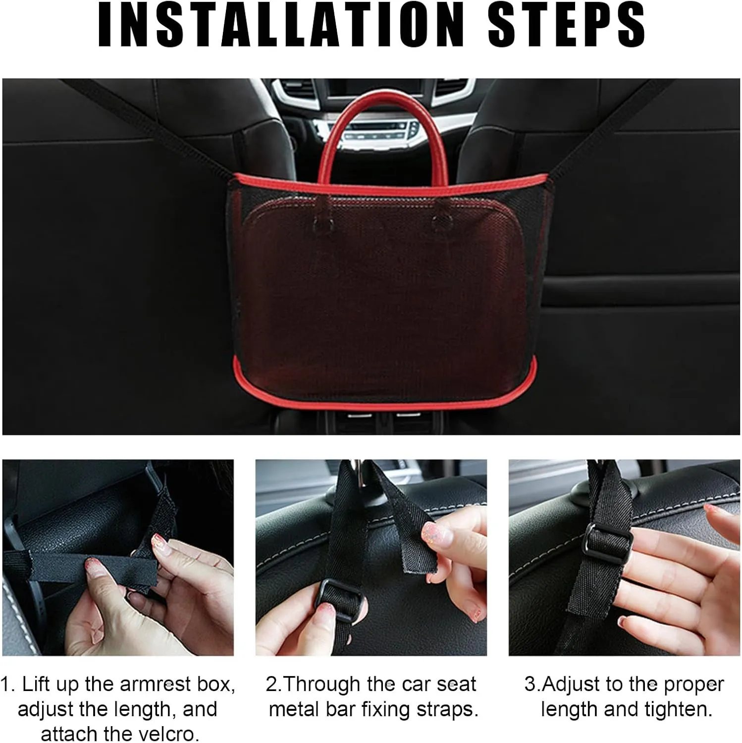 Augeny Car Net Pocket Handbag Holder, Large Capacity Auto Seat Back Mesh Pocket Organizer, Vehicle Driver Storage Netting Pouch for Purse, Document, Barrier of Backseat Pet Kid (Black Red, Normal)