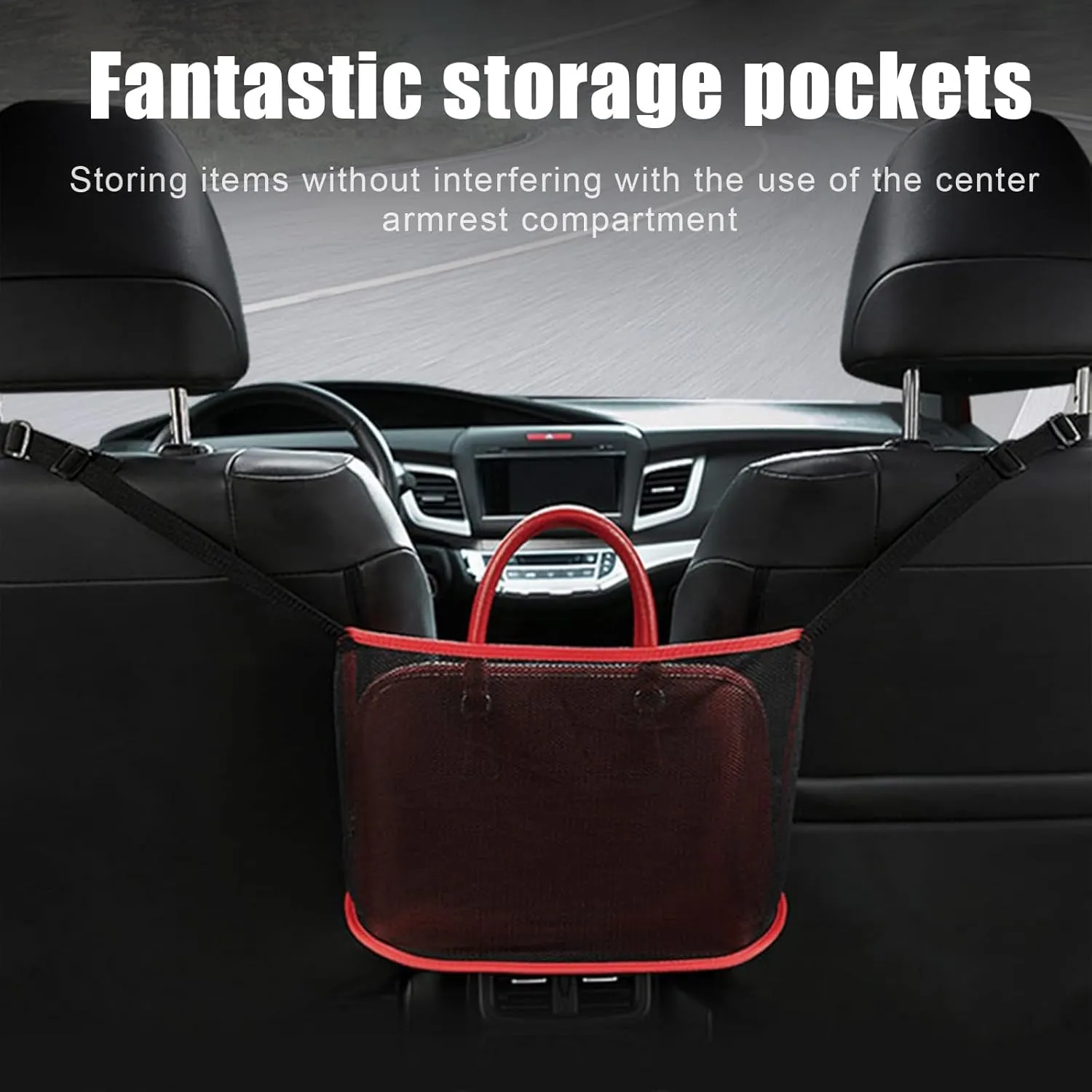 Augeny Car Net Pocket Handbag Holder, Large Capacity Auto Seat Back Mesh Pocket Organizer, Vehicle Driver Storage Netting Pouch for Purse, Document, Barrier of Backseat Pet Kid (Black Red, Normal)