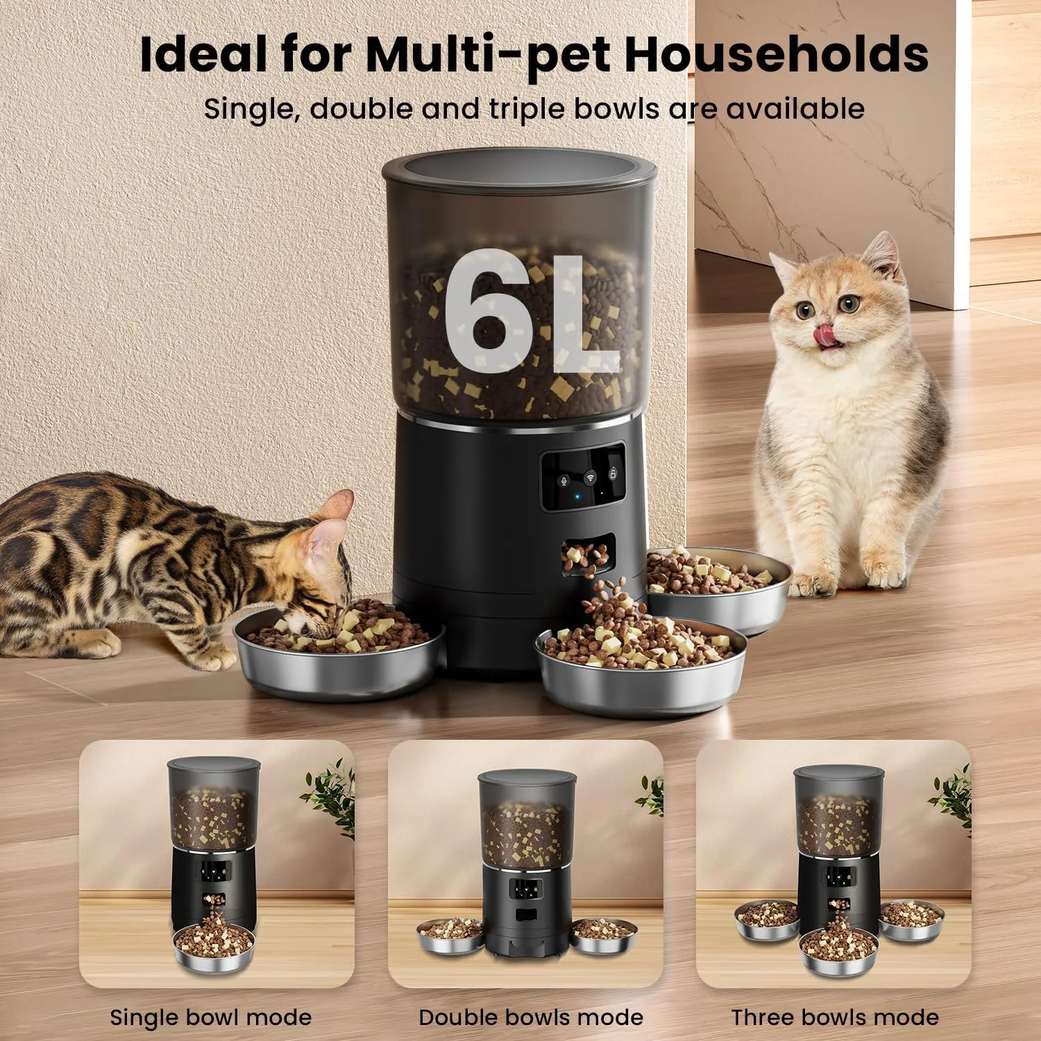 Automatic Cat Feeder with 3 Bowls, Smart APP-Controlled Pet Feeder for Multi-Cat Households  6L Large Capacity, Anti-Jam & Voice Recorder, Lock Design, Dry Food Dispenser for Cats, Black