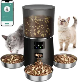 Automatic Cat Feeder with 3 Bowls, Smart APP-Controlled Pet Feeder for Multi-Cat Households  6L Large Capacity, Anti-Jam & Voice Recorder, Lock Design, Dry Food Dispenser for Cats, Black
