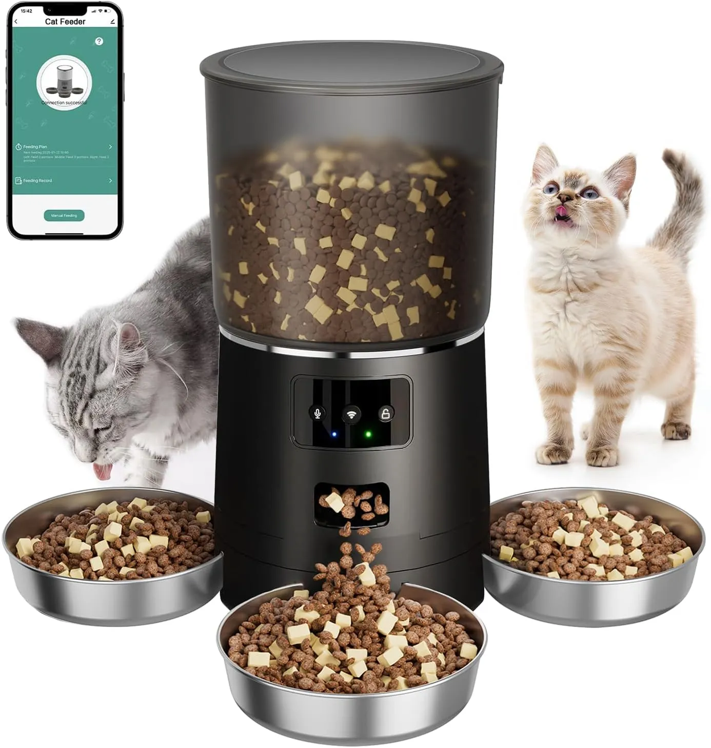 Automatic Cat Feeder with 3 Bowls, Smart APP-Controlled Pet Feeder for Multi-Cat Households  6L Large Capacity, Anti-Jam & Voice Recorder, Lock Design, Dry Food Dispenser for Cats, Black