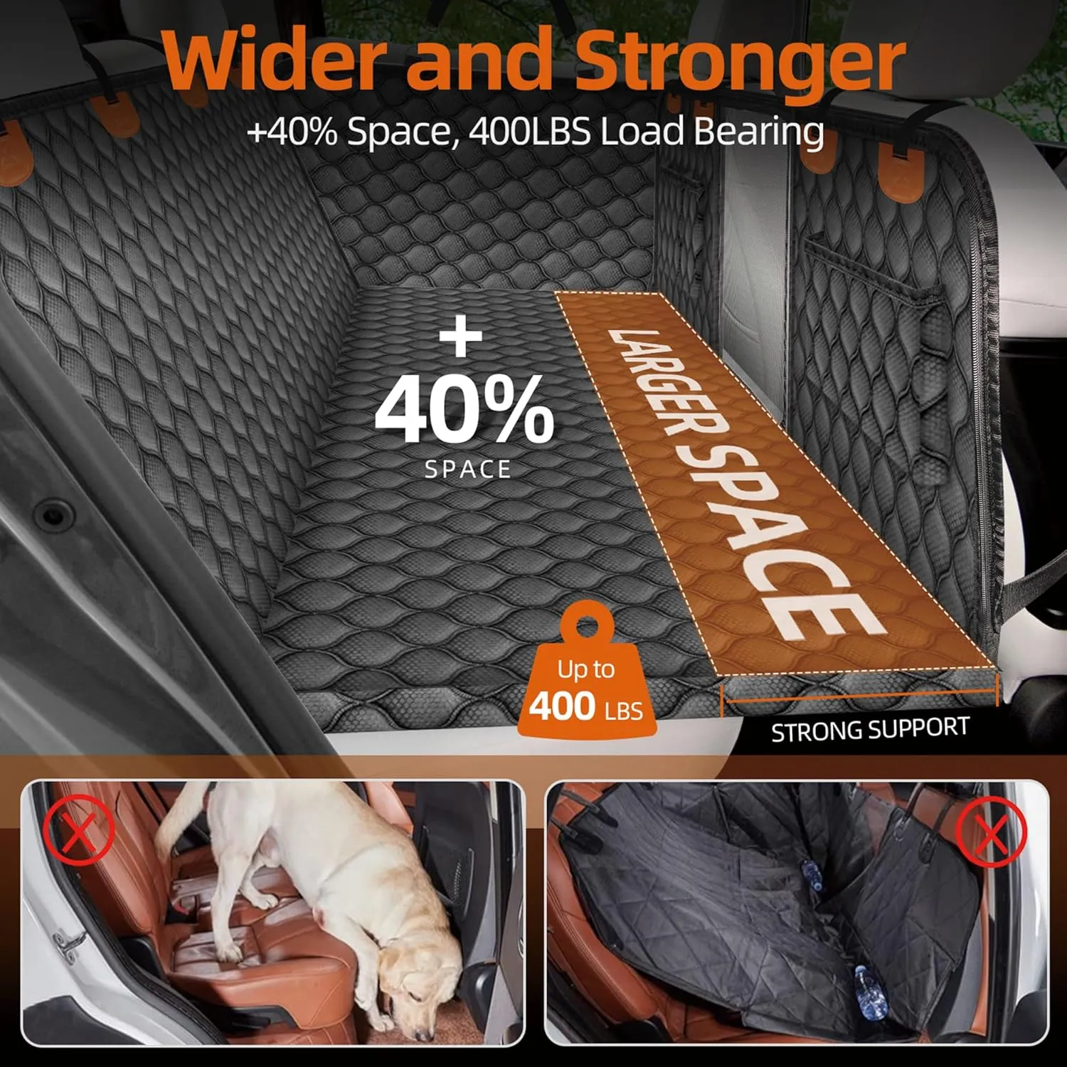 Back Seat Extender for Dogs- Holds 400LBS, Dog Car Seat Cover for Backseat Hard Bottom 100% Waterproof Non-Slip Scratch Resistant Dog Hammock for Car SUVs, Universal Size -Premium Black