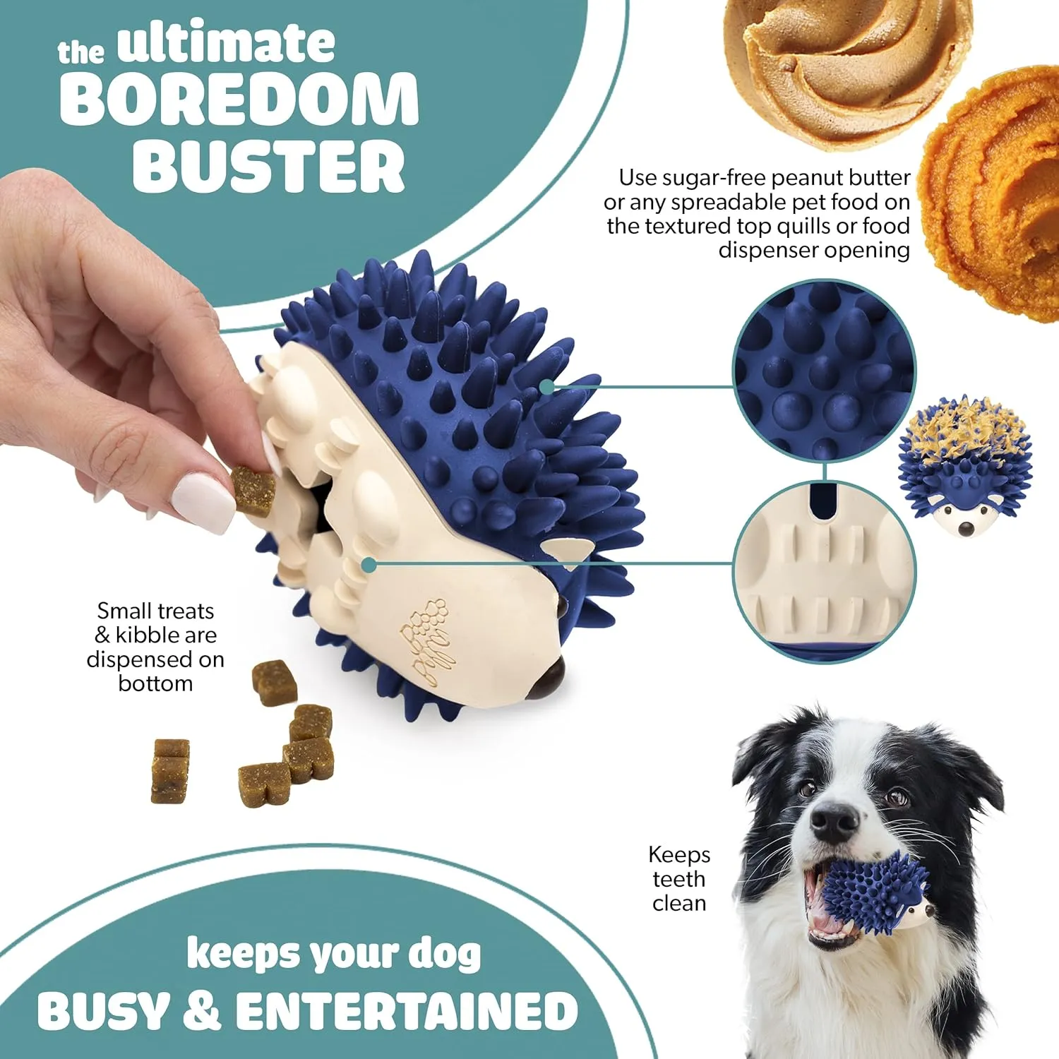 Bella Boo Pets Interactive Dog Toy for Strong Chewers - Freddy The Hedgehog Blue All-in-One Treat Ball   Food Dispensing Slow Feeder Dog IQ Puzzle   Dog Crate Toy for Medium and Large Breed Dogs