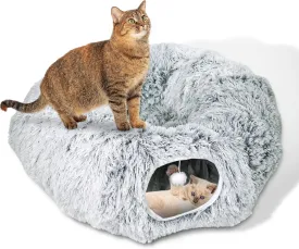 Cat Donut Bed with Washable Cushion  Cat Caves for Indoor Cats  Collapsible Donut Bed with Peekaboo Pet Tunnel & Tunnel Toy  Cozy Hideout for Kittens, Ferrets, Rabbits & Dogs  Grey