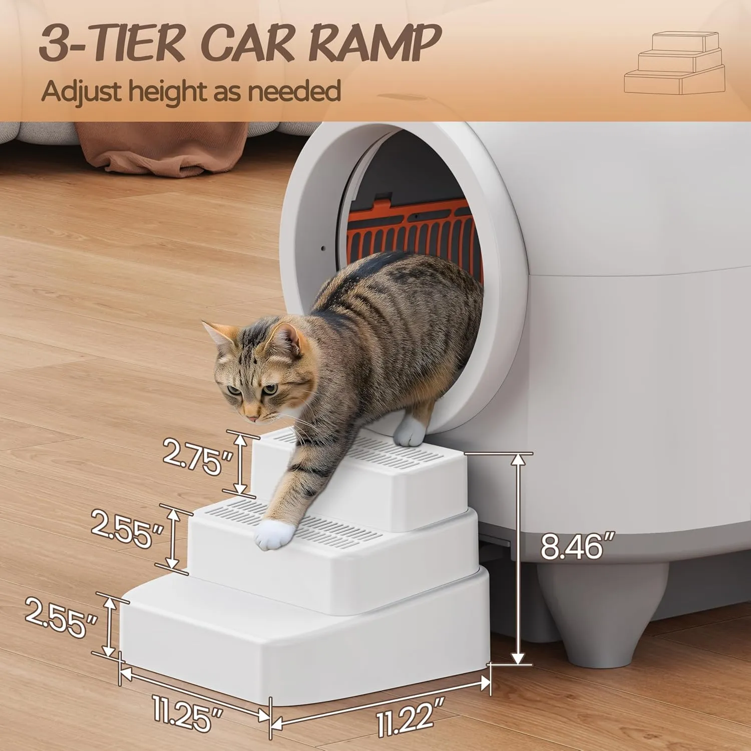 Cat Litter Box Ramp, Adjustable Height 3-Tier Steps, with Sand Filter Feature, Washable and Easy to Clean, White Plastic Cat Ramp for Litter Box, White