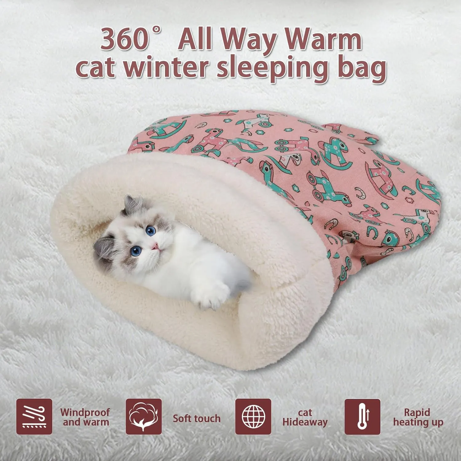 Cat Sleeping Bag for Indoor Cats - Winter Self-Warming 360 Cozy Cave Bed, Soft Plush Snuggle Sack with Warm Tunnel Design - Pink