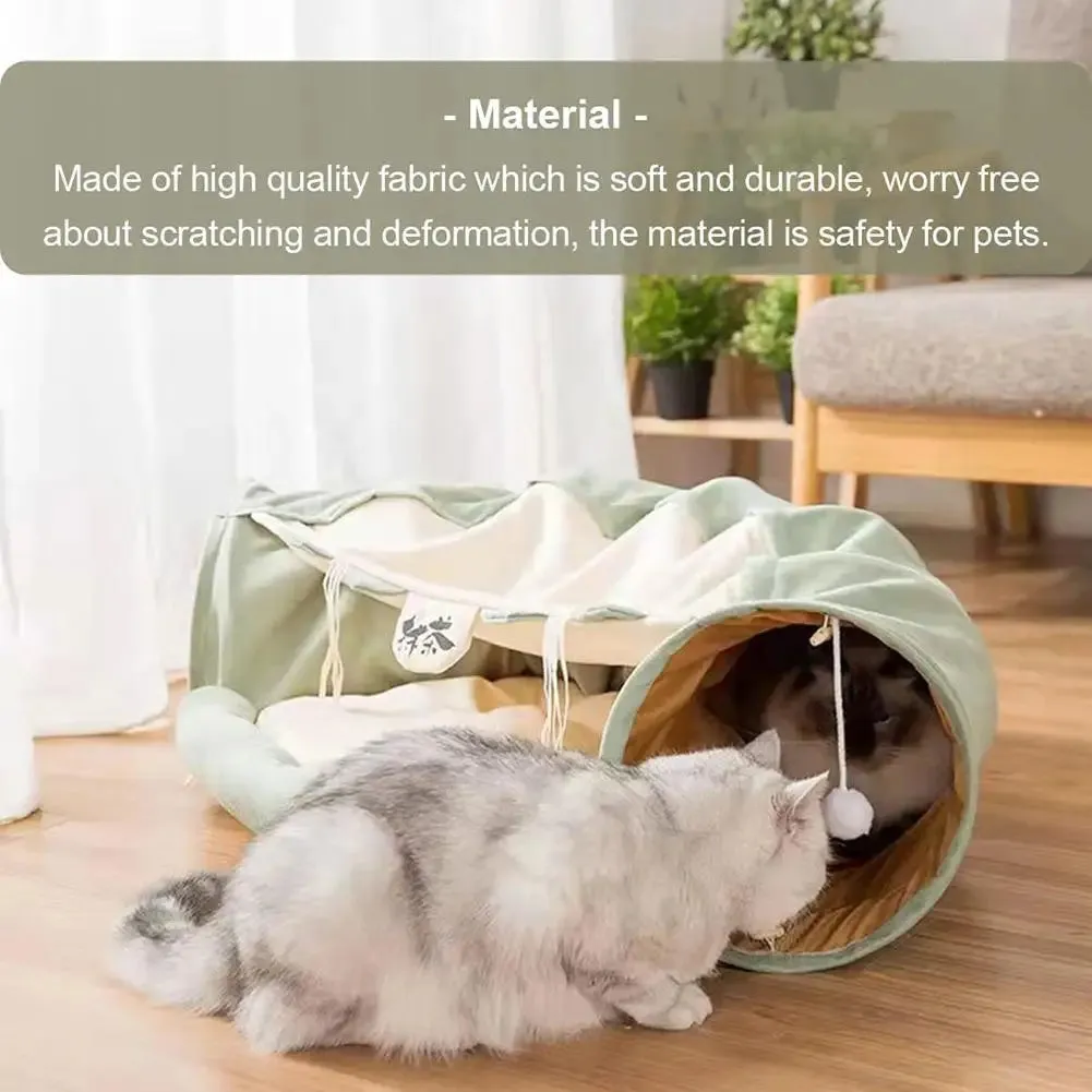 Cat Tunnel Bed - 2 in 1 Indoor Collapsible Cat Play Tunnel Tube - Interactive Cat Hideout Play Toys with Removable Washable Mat