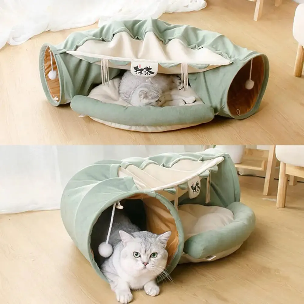 Cat Tunnel Bed - 2 in 1 Indoor Collapsible Cat Play Tunnel Tube - Interactive Cat Hideout Play Toys with Removable Washable Mat