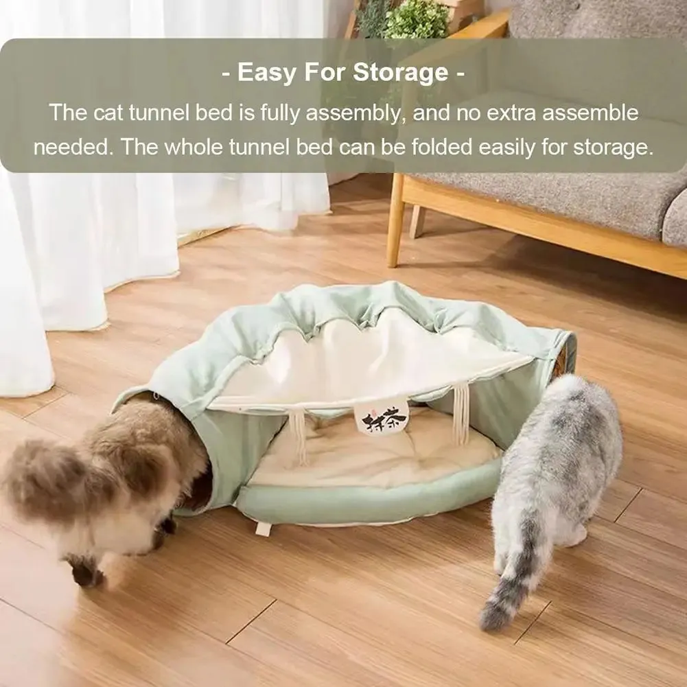 Cat Tunnel Bed - 2 in 1 Indoor Collapsible Cat Play Tunnel Tube - Interactive Cat Hideout Play Toys with Removable Washable Mat