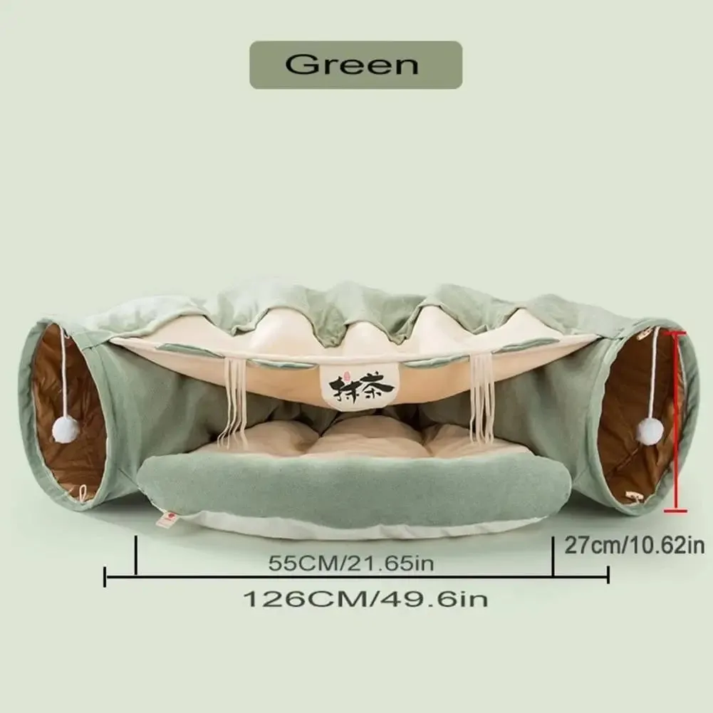 Cat Tunnel Bed - 2 in 1 Indoor Collapsible Cat Play Tunnel Tube - Interactive Cat Hideout Play Toys with Removable Washable Mat