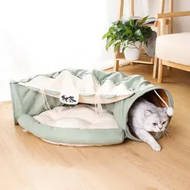 Cat Tunnel Bed - 2 in 1 Indoor Collapsible Cat Play Tunnel Tube - Interactive Cat Hideout Play Toys with Removable Washable Mat