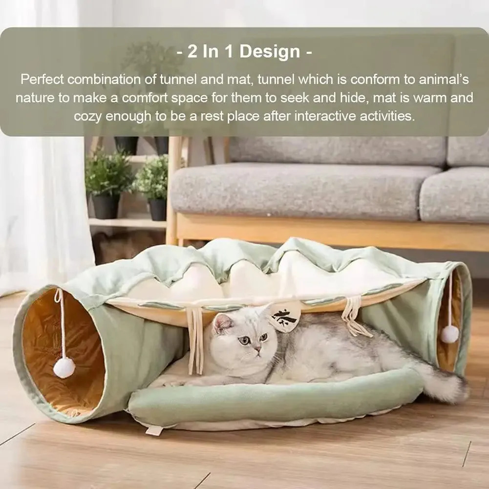 Cat Tunnel Bed - 2 in 1 Indoor Collapsible Cat Play Tunnel Tube - Interactive Cat Hideout Play Toys with Removable Washable Mat