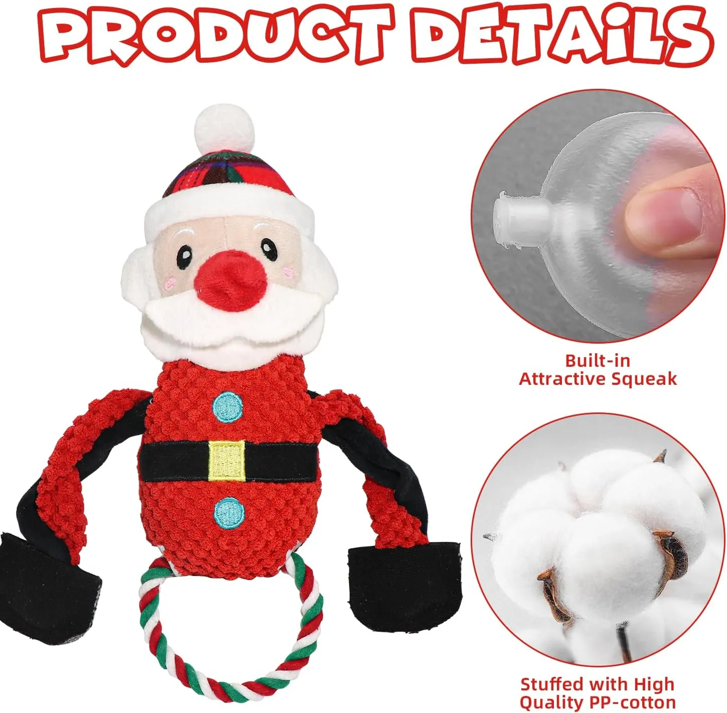 Christmas Dog Toys, 3 Pack Squeaky Plush Stuffed Dog Toys - Santa, Reindeer, Snowman, Interactive Dog Chew Rope Toys, Christmas Stocking Stuffer for Pets (3 pcs) (Reindeer)