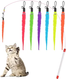 Cobee Cat Toys Wand Replacement, 6pcs Furry Tail Worms with Bells   Cat Fishing Pole Toy, Assorted Teaser Refills with Bell for Kitten