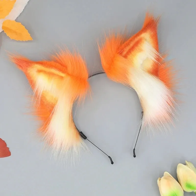 Deluxe Faux Plush Fur Animal Ears Headband - Orange White Lynx