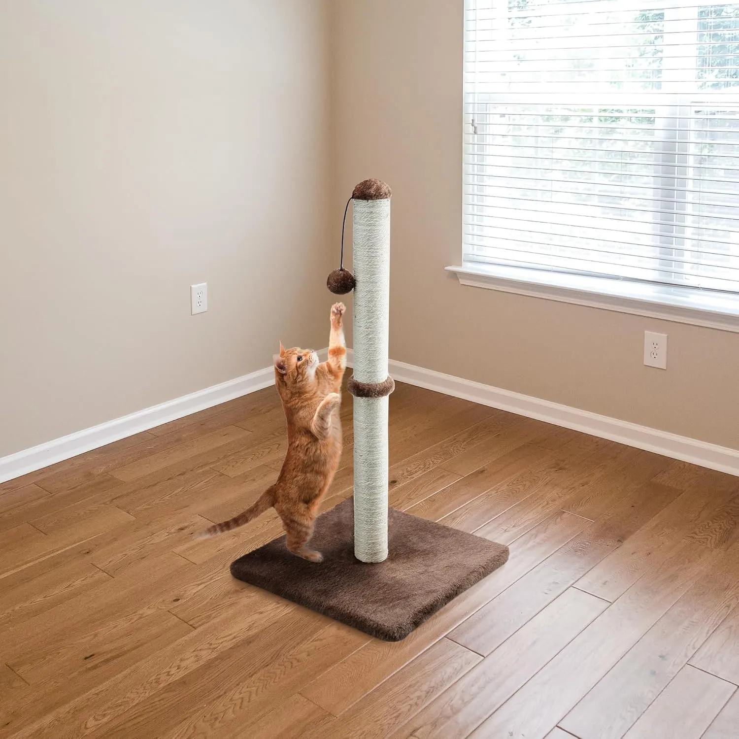 Dimaka 29" Tall Cat Scratching Post, Claw Scratcher with Sisal Rope and Covered with Soft Smooth Plush, Vertical Scratch [Full Strectch] for Standard Size Cats (Dark Brown, 29 inches for All Cats)